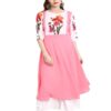 Janasya Women's Pink Poly Crepe Botanical Print Flared Kurta