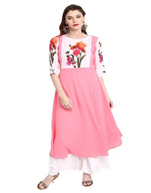 Janasya Women’s Pink Poly Crepe Botanical Print Flared Kurta