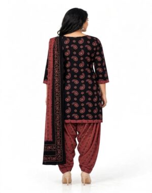 Pranjul Patiala Salwar Suit with Dupatta, 100% Pure Cotton, Fully Stitched Jet Black & Rust Brown