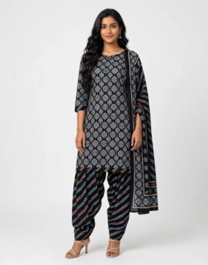 Pranjul Patiala Salwar Suit with Dupatta, 100% Pure Cotton, Fully Stitched Black