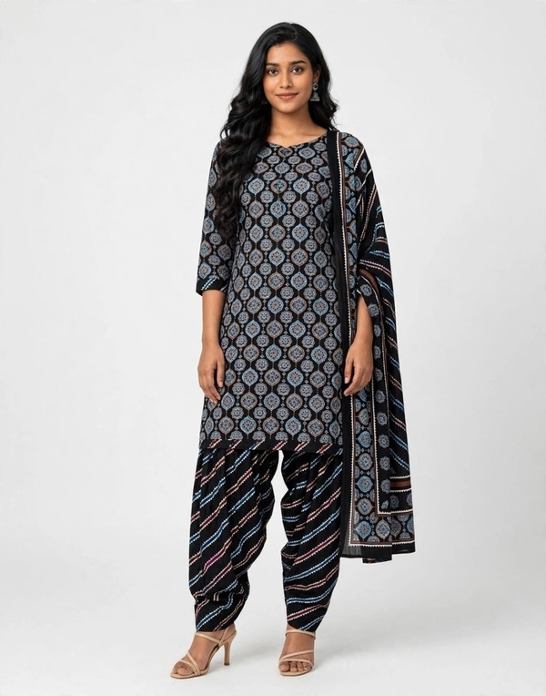 Pranjul Patiala Salwar Suit with Dupatta, 100% Pure Cotton, Fully Stitched Black