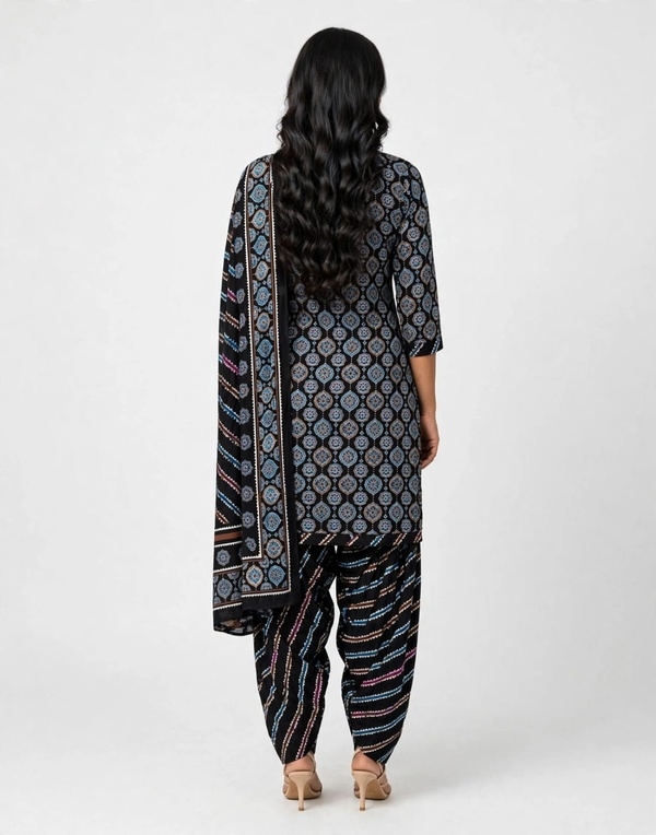 Pranjul Patiala Salwar Suit with Dupatta, 100% Pure Cotton, Fully Stitched Black1