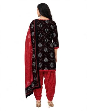 Pranjul Patiala Salwar Suit with Dupatta, 100% Pure Cotton, Fully Stitched Jet Black & Chilli Red