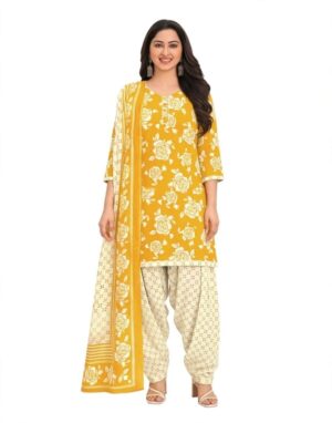 Pranjul Patiala Salwar Suit with Dupatta, 100% Pure Cotton, Fully Stitched Mustard Yellow