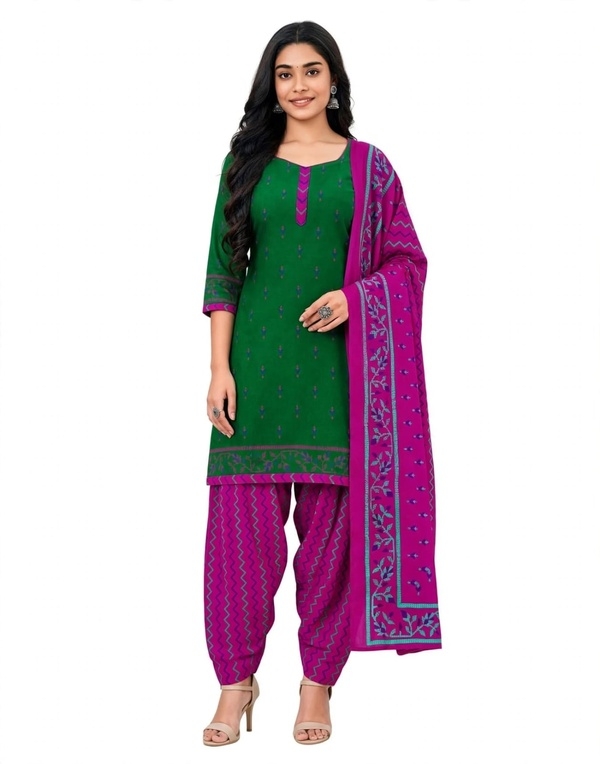 Pranjul Patiala Salwar Suit with Dupatta, 100% Pure Cotton, Fully Stitched Bottle Green