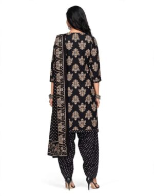 Pranjul Patiala Salwar Suit with Dupatta, 100% Pure Cotton, Fully Stitched Jet Black & Beige