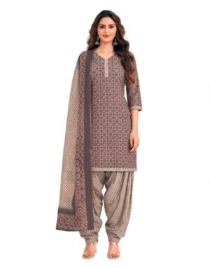 Pranjul Patiala Salwar Suit with Dupatta, 100% Pure Cotton, Fully Stitched Brown Grey