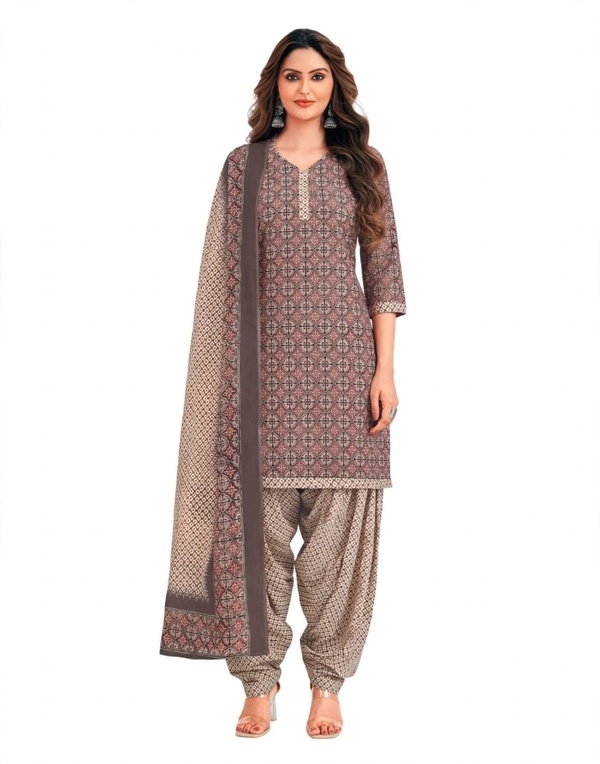 Pranjul Patiala Salwar Suit with Dupatta, 100% Pure Cotton, Fully Stitched Brown Grey