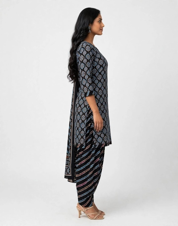 Pranjul Patiala Salwar Suit with Dupatta, 100% Pure Cotton, Fully Stitched Black2