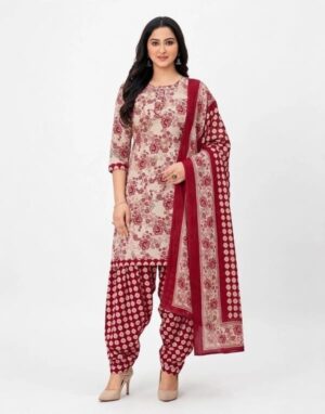 Pranjul Patiala Salwar Suit with Dupatta, 100% Pure Cotton, Fully Stitched Maroon Red