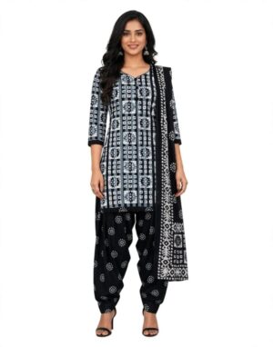 Pranjul Patiala Salwar Suit with Dupatta, 100% Pure Cotton, Fully Stitched Black & White