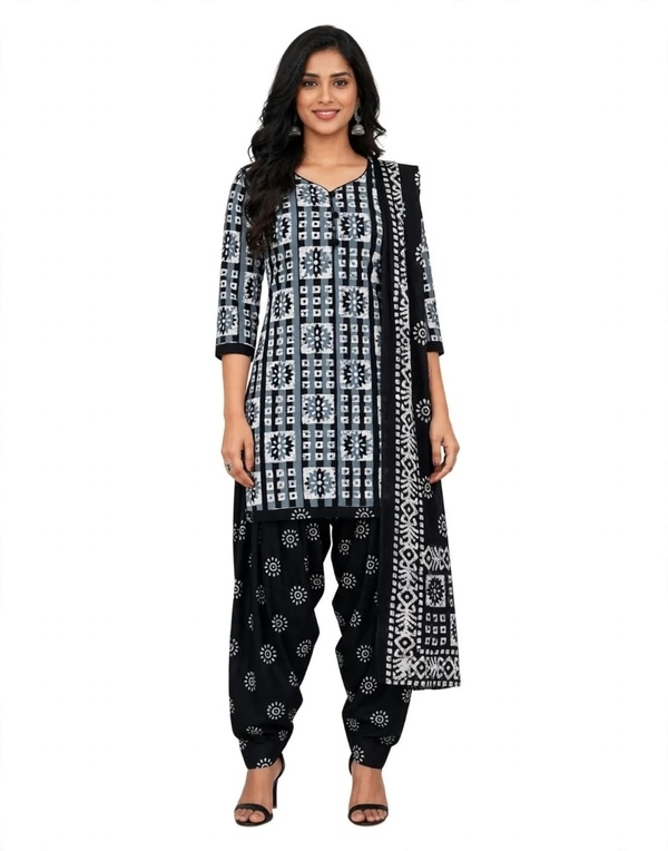 Pranjul Patiala Salwar Suit with Dupatta, 100% Pure Cotton, Fully Stitched Black & White