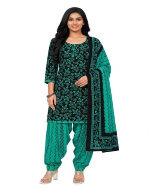 Pranjul Patiala Salwar Suit with Dupatta, 100% Pure Cotton, Fully Stitched Black rama green leaf