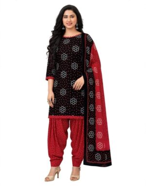 Pranjul Patiala Salwar Suit with Dupatta, 100% Pure Cotton, Fully Stitched Jet Black & Chilli Red