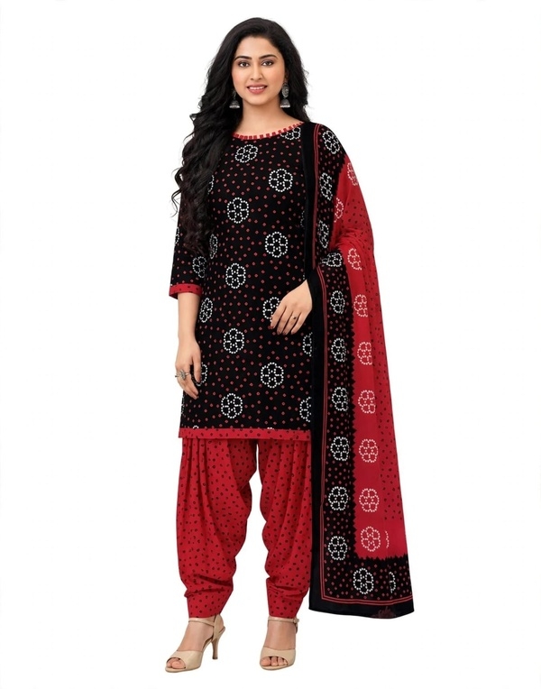 Pranjul Patiala Salwar Suit with Dupatta, 100% Pure Cotton, Fully Stitched Jet Black & Chilli Red