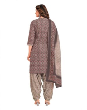 Pranjul Patiala Salwar Suit with Dupatta, 100% Pure Cotton, Fully Stitched Brown Grey