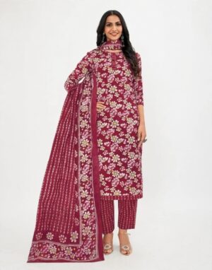 Pranjul Patiala Salwar Suit with Dupatta, 100% Pure Cotton, Fully Stitched Wine Maroon