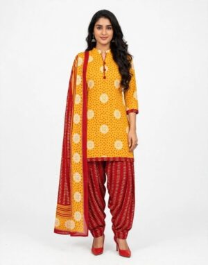 Pranjul Patiala Salwar Suit with Dupatta, 100% Pure Cotton, Fully Stitched Mustard Yellow & Maroon