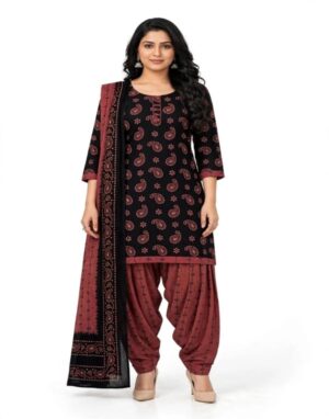 Pranjul Patiala Salwar Suit with Dupatta, 100% Pure Cotton, Fully Stitched Jet Black & Rust Brown