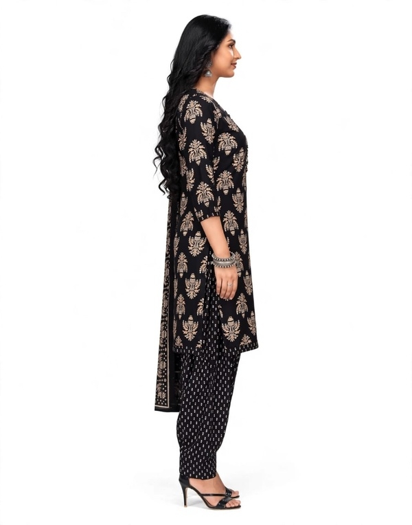 Pranjul Patiala Salwar Suit with Dupatta, 100% Pure Cotton, Fully Stitched Jet Black & Beige2