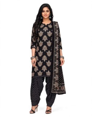 Pranjul Patiala Salwar Suit with Dupatta, 100% Pure Cotton, Fully Stitched Jet Black & Beige