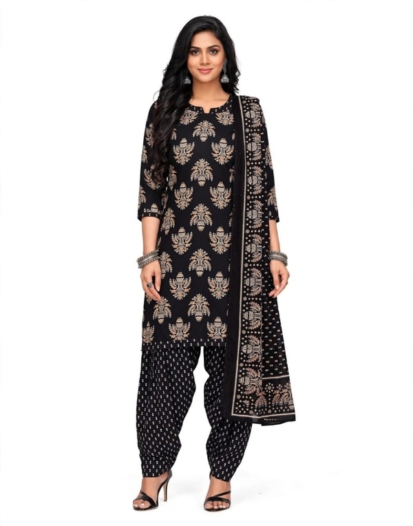 Pranjul Patiala Salwar Suit with Dupatta, 100% Pure Cotton, Fully Stitched Jet Black & Beige