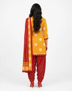 Pranjul Patiala Salwar Suit with Dupatta, 100% Pure Cotton, Fully Stitched Mustard Yellow & Maroon