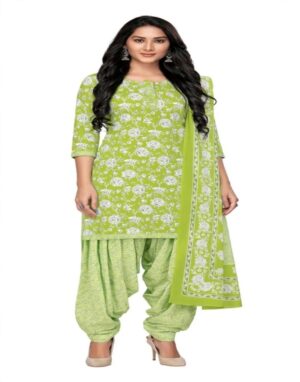 Pranjul Patiala Salwar Suit with Dupatta, 100% Pure Cotton, Fully Stitched Parrot Green