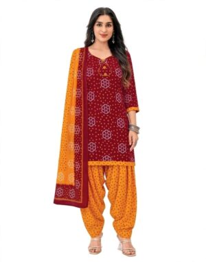 Pranjul Patiala Salwar Suit with Dupatta, 100% Pure Cotton, Fully Stitched Maroon & Mustard Yellow