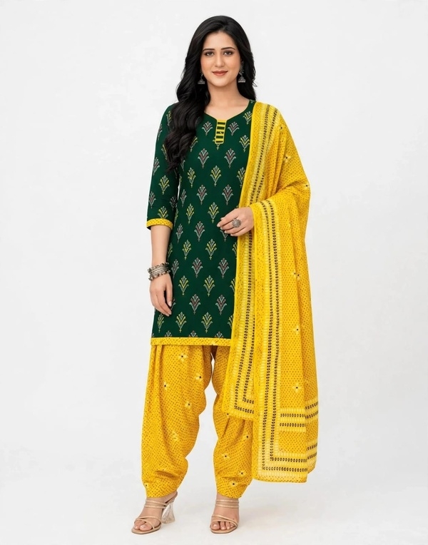 Pranjul Patiala Salwar Suit with Dupatta, 100% Pure Cotton, Fully Stitched Bottle Green