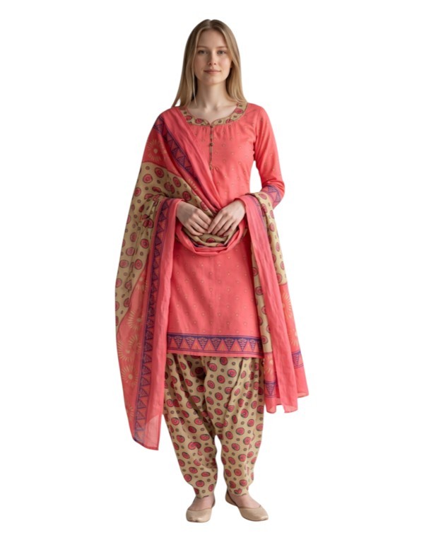Butter Crepe Fancy printed Designer Patiyala Coral Peach2 Butter Crepe Fancy printed Designer Patiyala Coral Peach2
