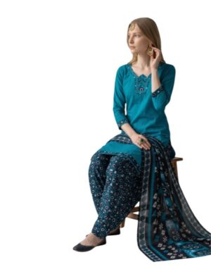 Cotton Fancy printed Designer Patiala Suit Teal Blue