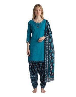 Cotton Fancy printed Designer Patiala Suit Teal Blue