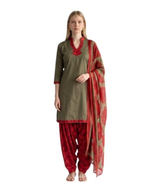 Cotton Fancy printed Designer Patiala Suit Mehandi olive green