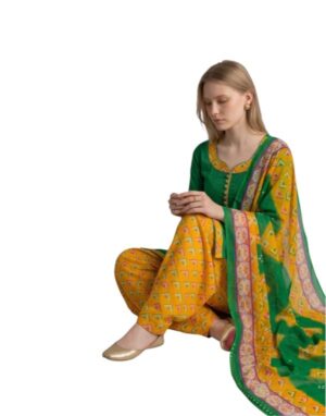 Cotton Fancy printed Designer Patiala Suit Bottle Green