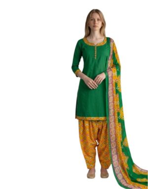 Cotton Fancy printed Designer Patiala Suit Bottle Green