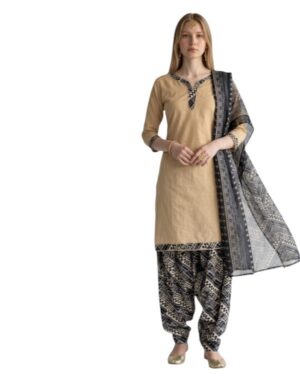 Cotton Fancy printed Designer Patiala Suit Sand Beige