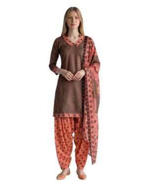 Cotton Fancy printed Designer Patiala Suit Coffee Brown