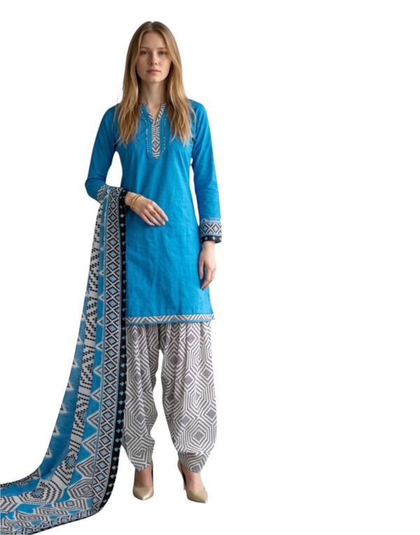 Cotton Fancy printed Designer Patiala Suit Cerulean Blue
