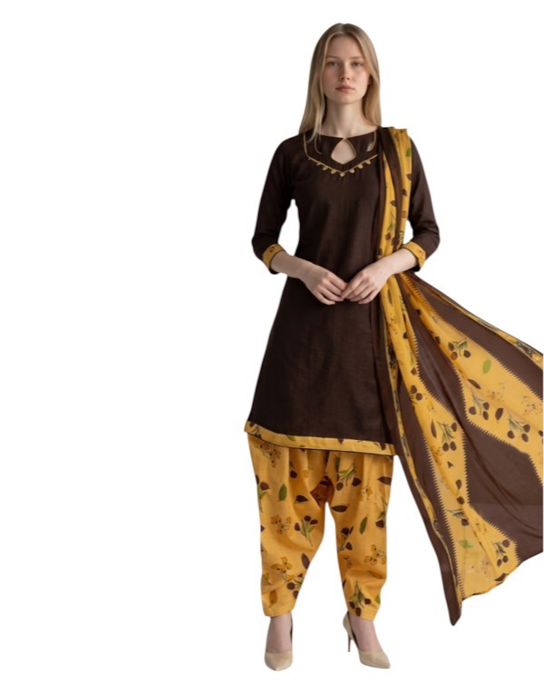 Cotton Fancy printed Designer Patiala Suit Chocolate Brown