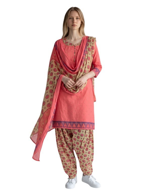 Butter Crepe Fancy printed Designer Patiyala Coral Peach