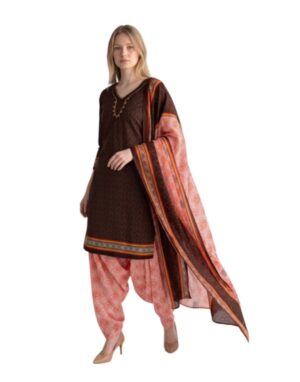 Butter Crepe Fancy printed Designer Patiyala Coffee Brown