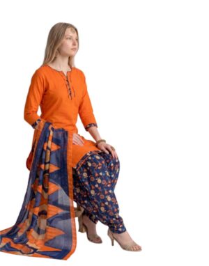 Cotton Fancy printed Designer Patiala Suit Bright Orange