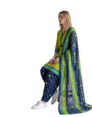 Butter Crepe Fancy printed Designer Patiyala Lime Green & Navy