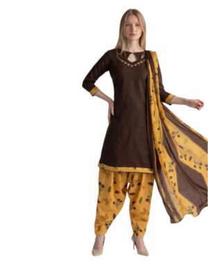 Cotton Fancy printed Designer Patiala Suit Chocolate Brown